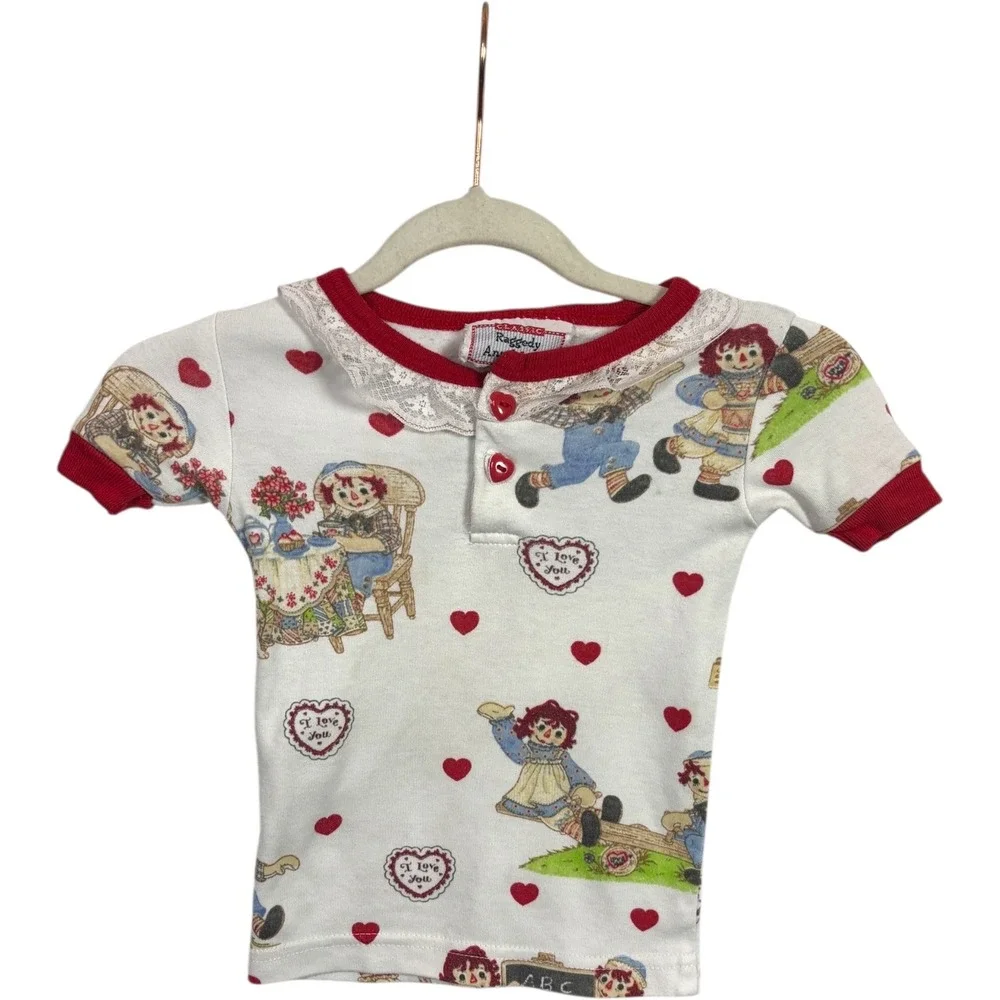Vintage Kids Raggedy Ann Andy Pajama Set White Red Hearts Classic size 3t